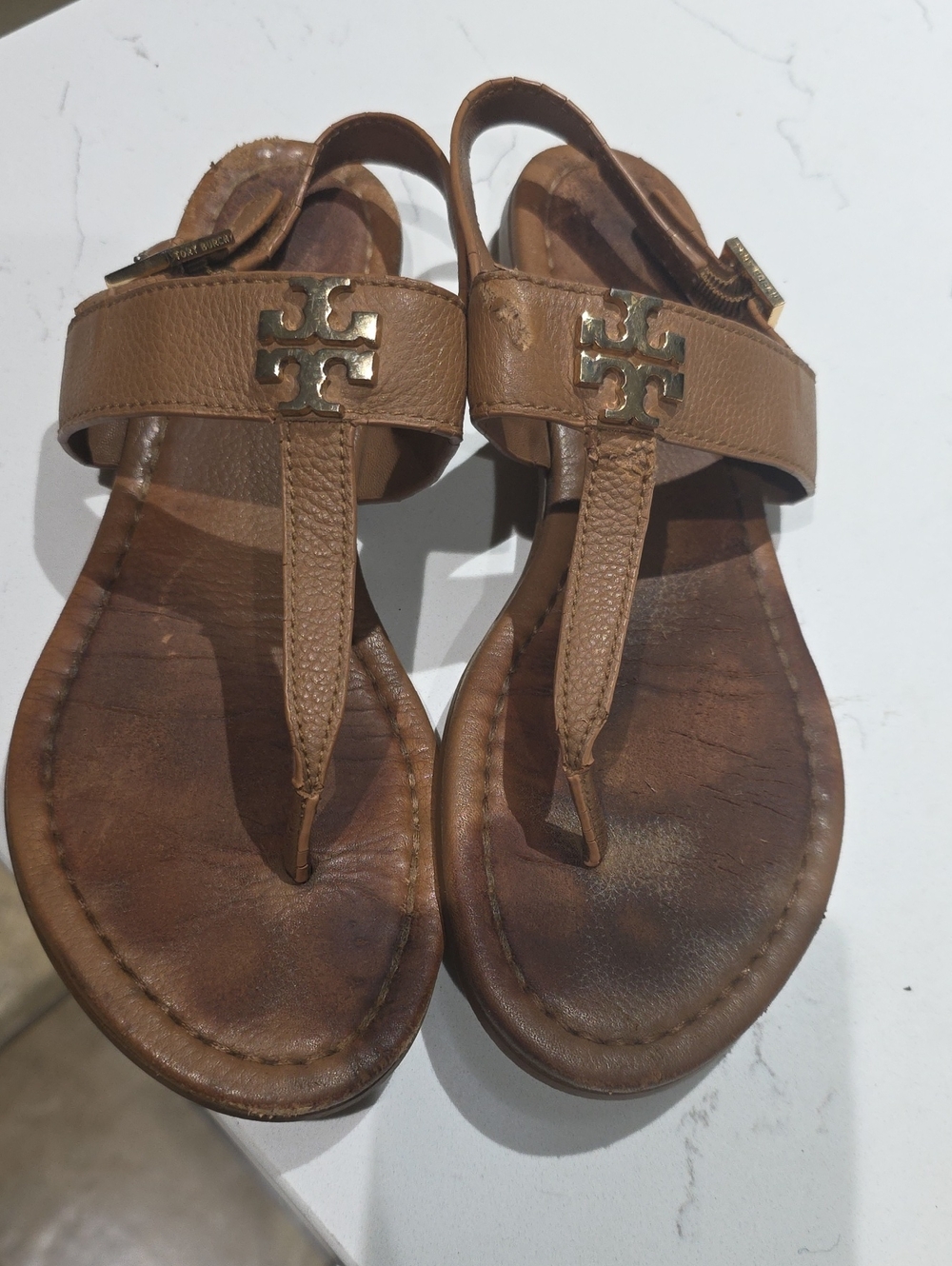 Tory Burch Tan Leather T-Strap Sandals with Gold Logo